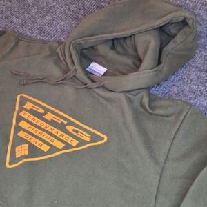 Columbia PFG Performance Fishing Gear Hoodie Sweatshirt Orange Logo Olive M